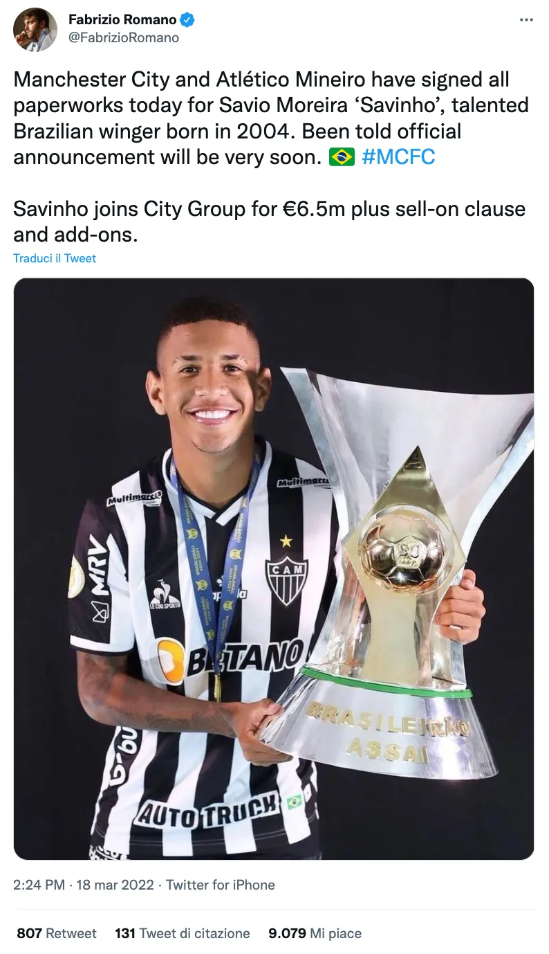 Lo youtuber di calcio Fabrizio Romano parla dell'accordo con Savinho
