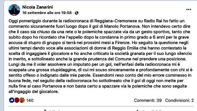 Portanova: il post di scuse pubblicato su Facebook da Zanarini