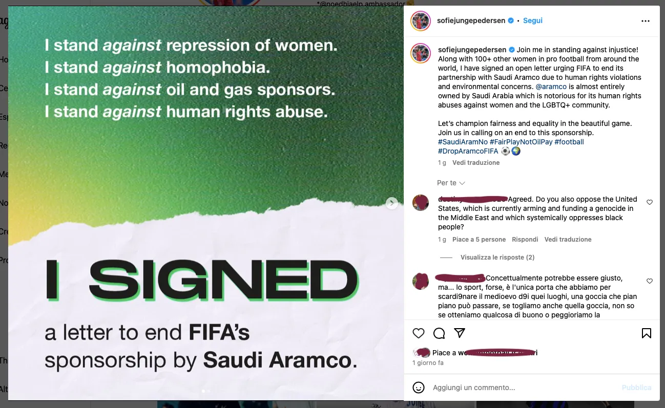Calcio femminile il post di Pedersen
