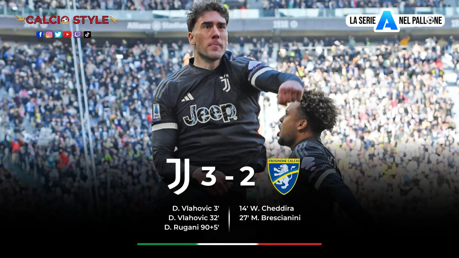 Juventus - Frosinone 3-2: Rugani fa esplodere lo Stadium in extremis