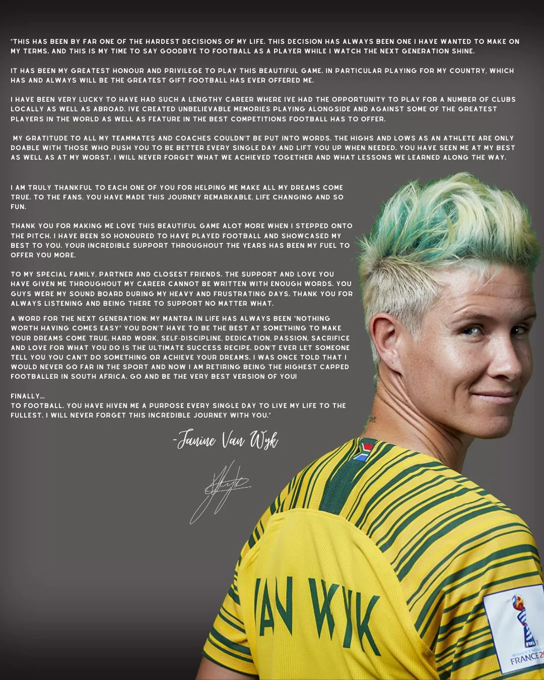 Janine van Wyk, la lettera d'addio al calcio della capitana del Sud Africa
