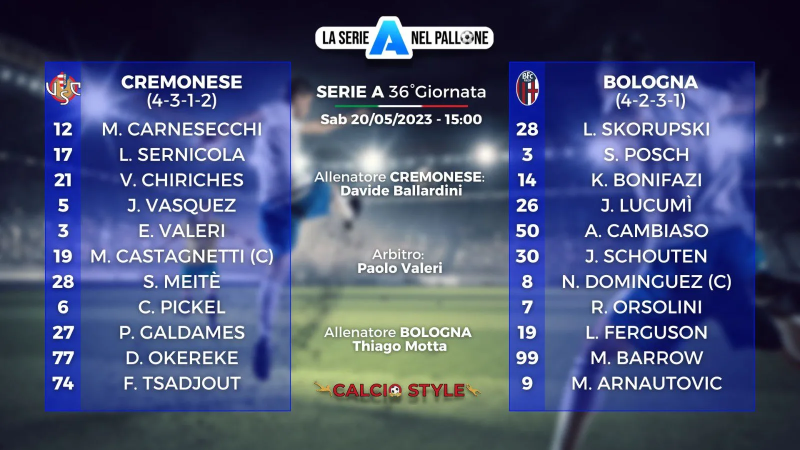 Cremonese - Bologna, le formazioni ufficiali