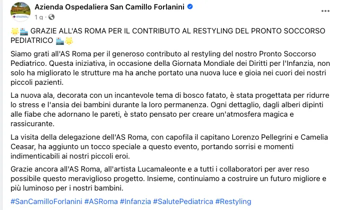 Roma: i ringraziamenti del San Camillo
