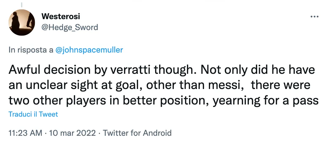 Un commento sui social critico verso Verratti