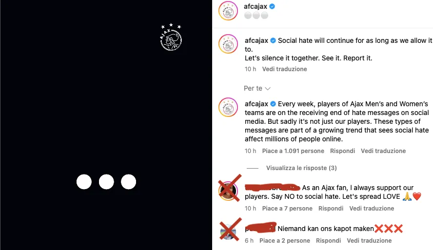 Ajax tre punti contro l'odio social