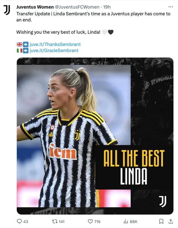Calciomercato, Linda Sembrant lascia la Juve