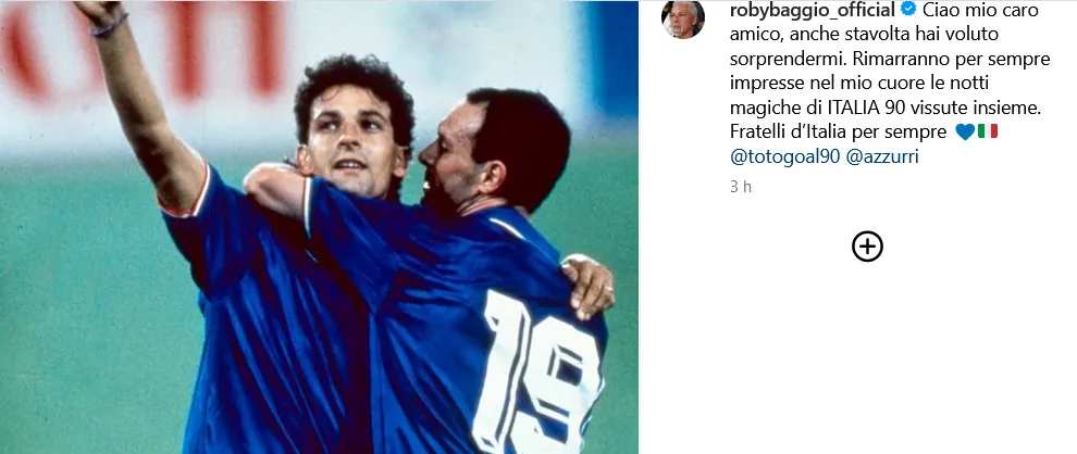 "Fratelli d'Italia per sempre": l'addio di Baggio a Schillaci