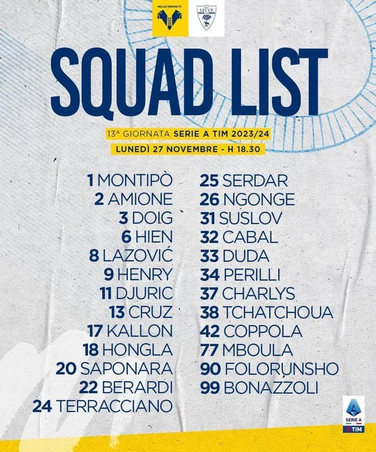 Hellas Verona, i convocati di mister Baroni per Verona-Lecce