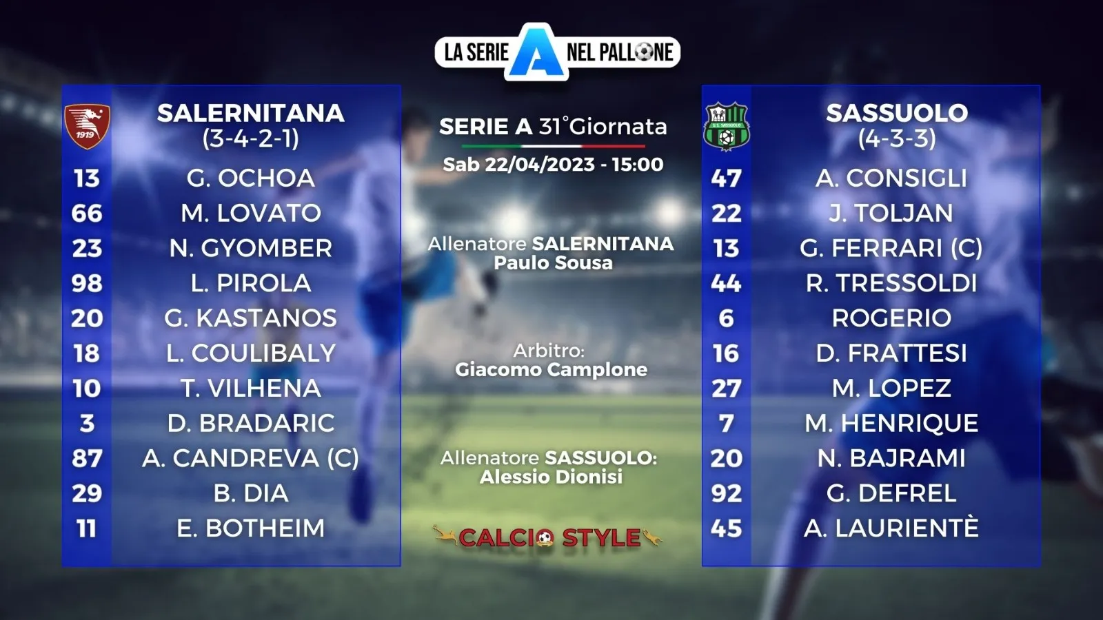 Salernitana-Sassuolo, le formazioni ufficiali