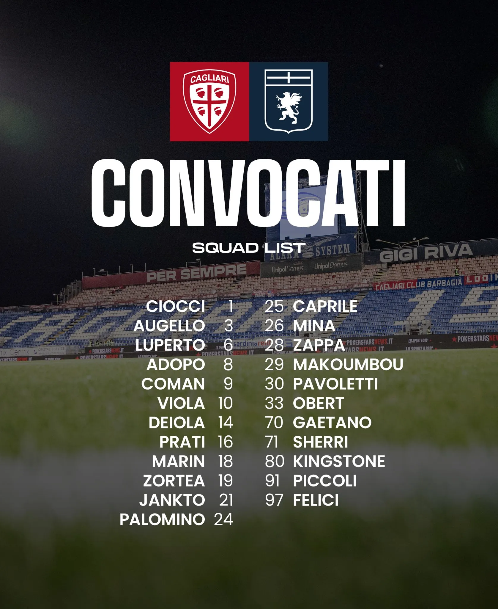 cagliari convocati