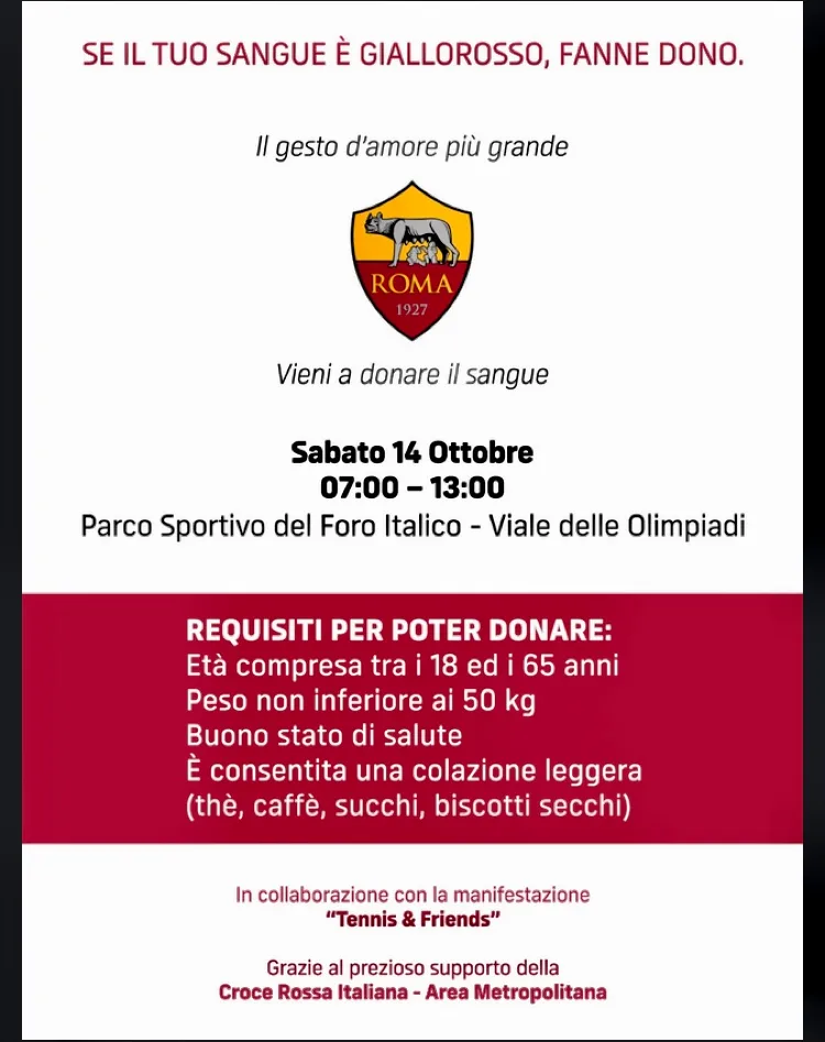 Roma: donazione sangue al Foro Italico 14 ottobre