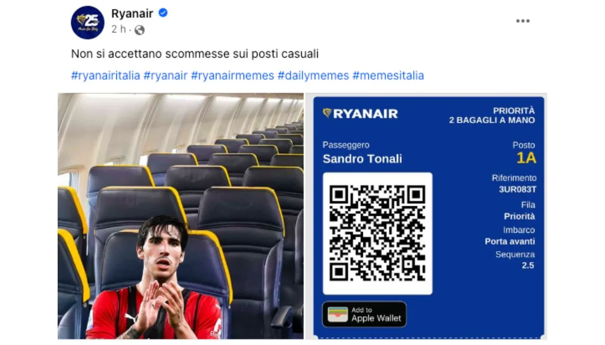 Milan, Ryanair vola (in) basso: imbarazzo per il tweet su Tonali
