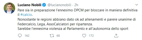 Clamoroso! Il calcio potrebbe fermarsi. Pronto DPCM?