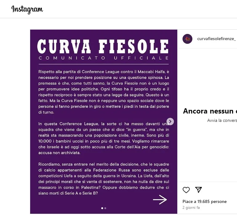 Fiorentina, comunicato Curva Fiesole