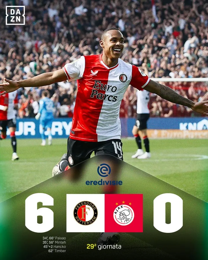 Ajax, umiliazione storica: il Feyenoord vince 6-0 il De Klassieker