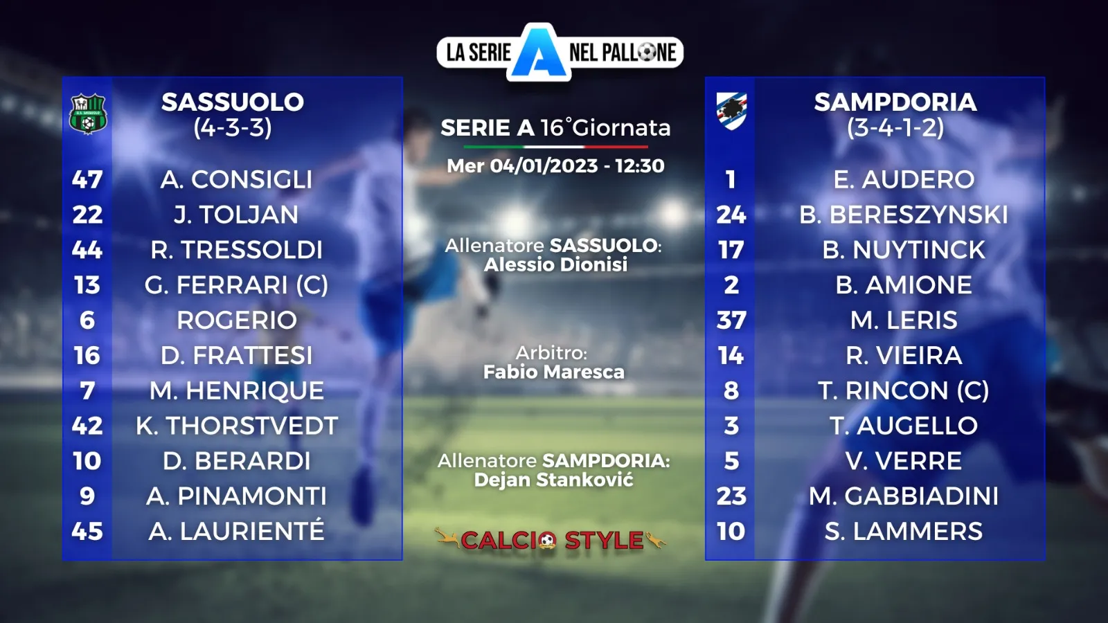 Sassuolo-Sampdoria: le scelte ufficiali