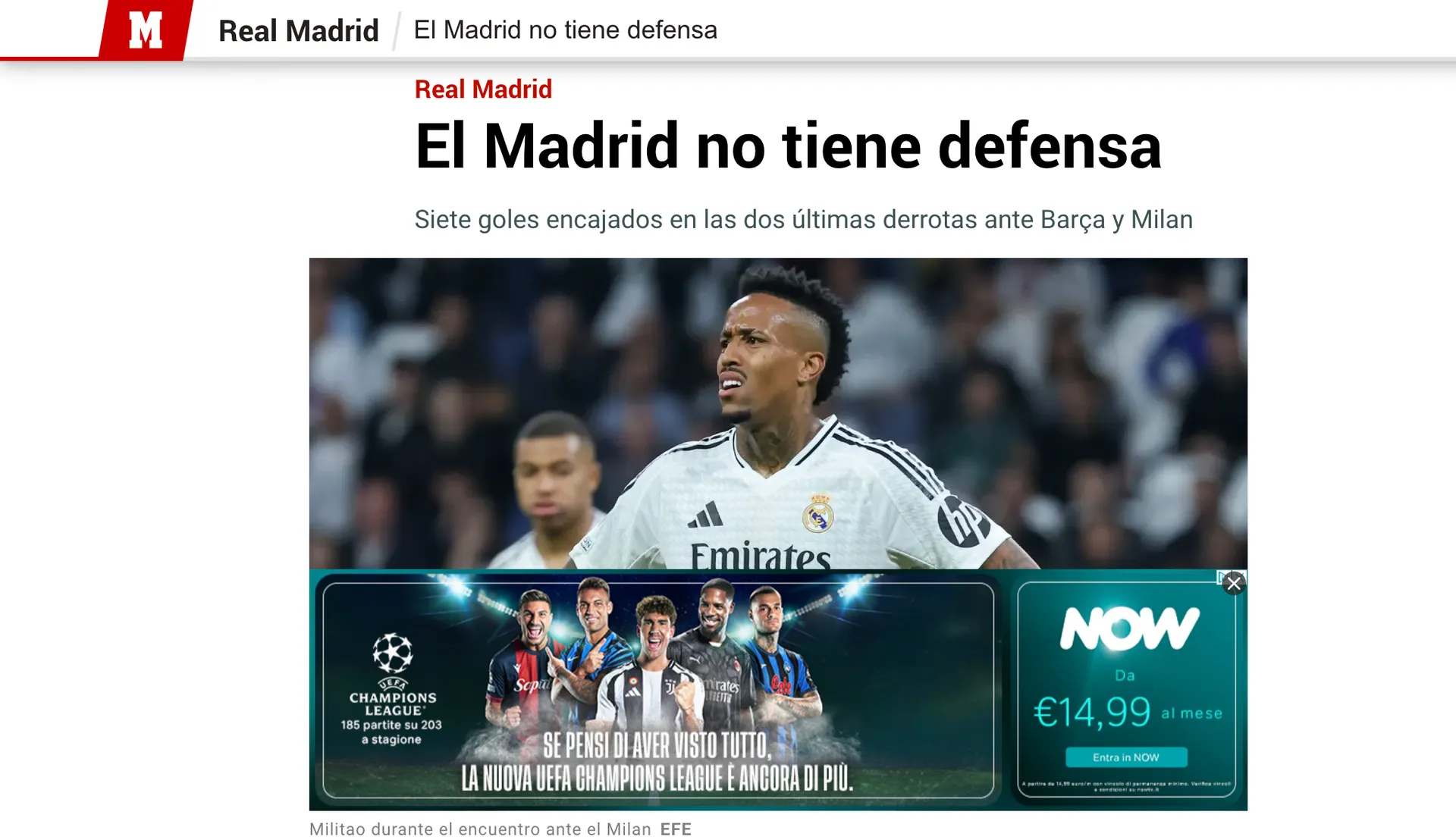 Un articolo sul Real Madrid pubblicato nell'edizione online del quotidiano spagnolo MARCA