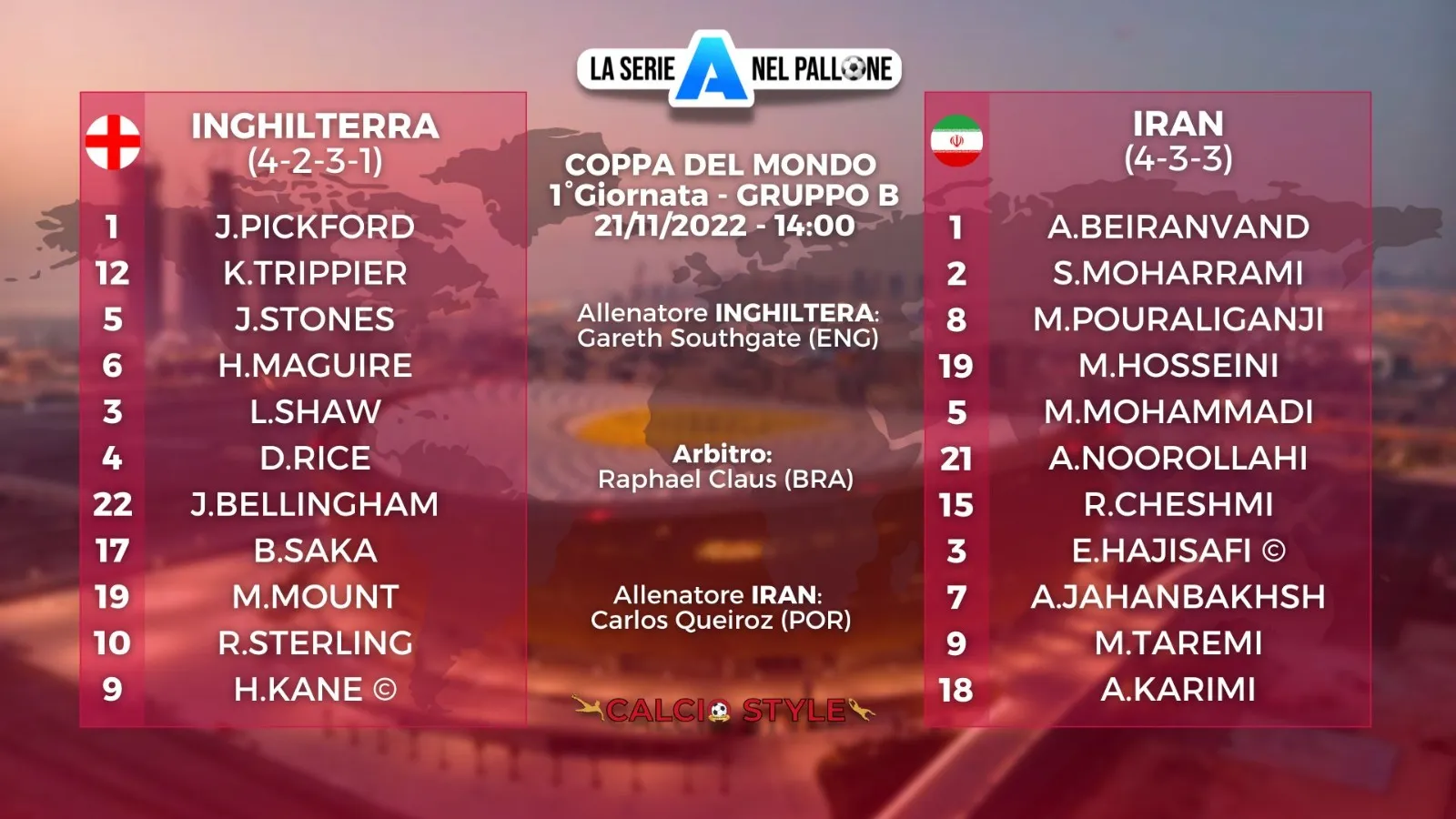 Formazioni ufficiali Inghilterra-Iran
