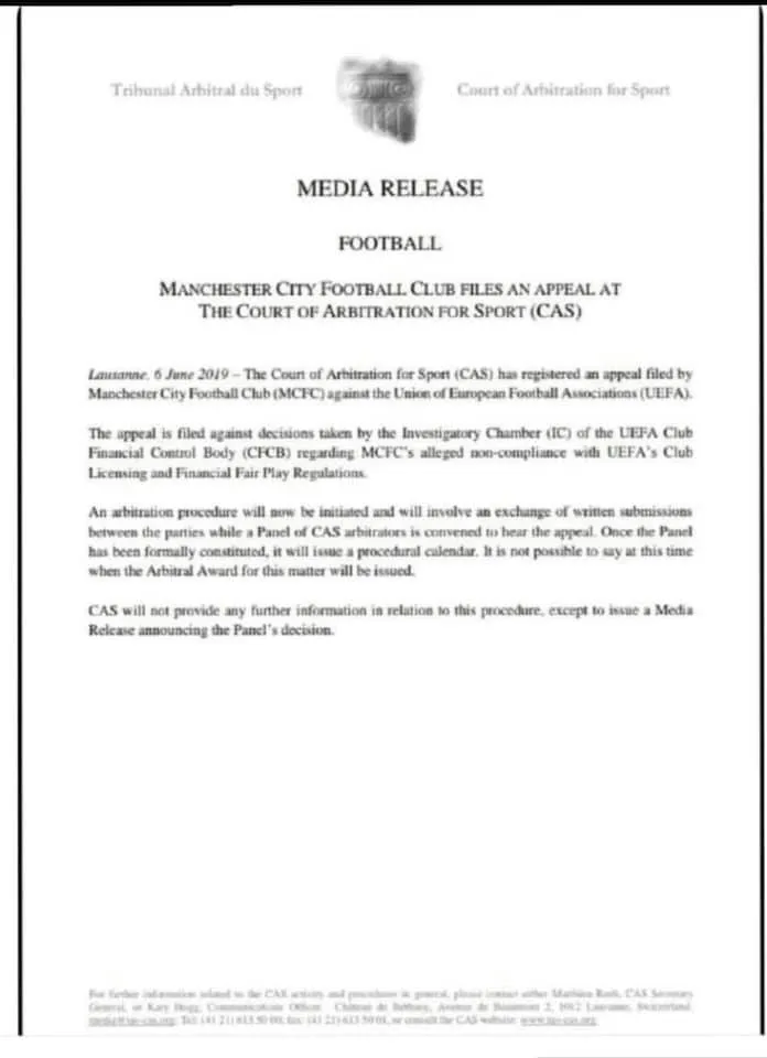Manchester City, il CAS conferma il ricorso contro l'indagine Uefa